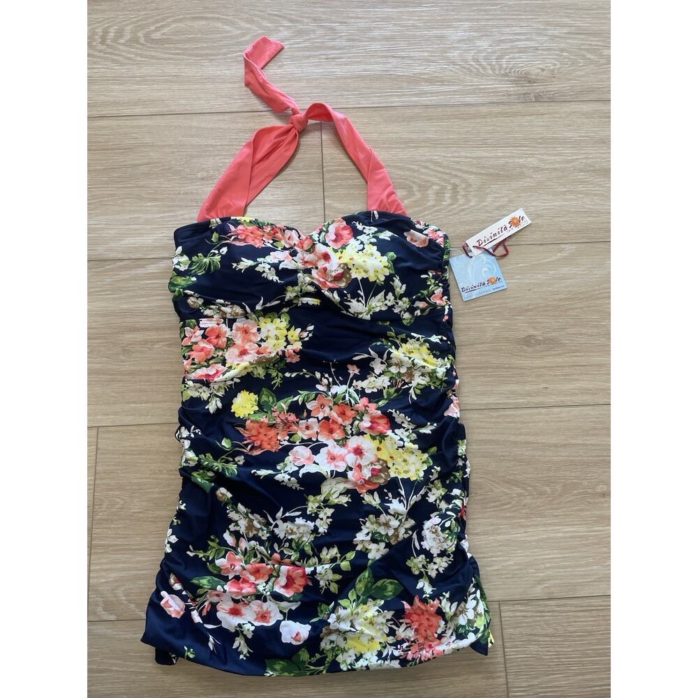 NWT Divinita Sol Modestee Swim Tankini Women’s XL Floral Halter Top Built In Bra